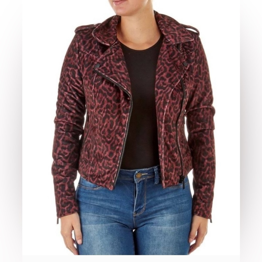 Bebe Velvet Burgundy  Leopard Print Moto Zip Jacket